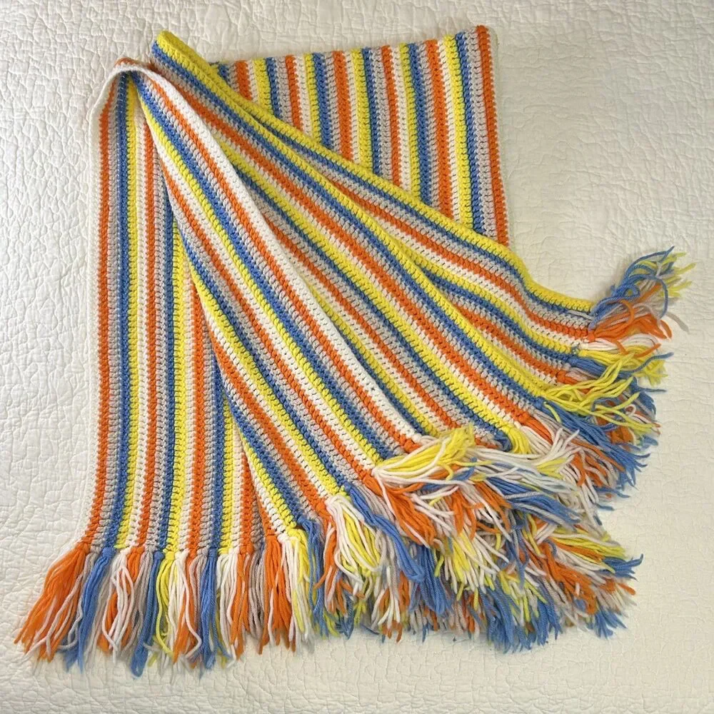 Handmade Vintage Cottagecore Orange Yellow Blue & White Afghan Blanket 56 x 41”